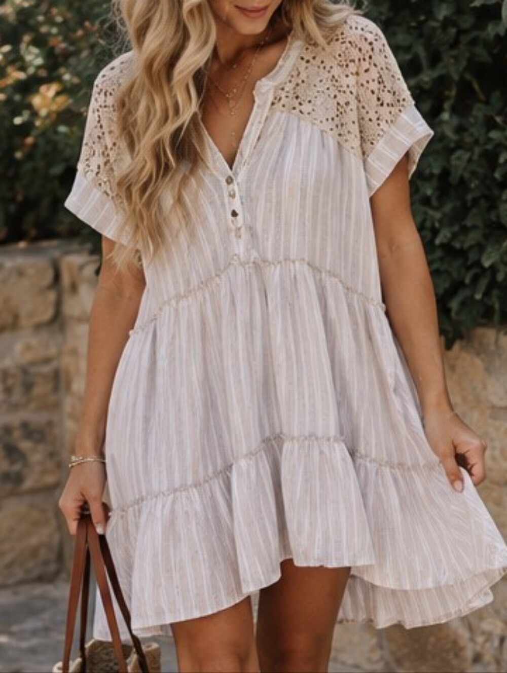 NWT Frye Linen Blend Striped Lace Trim Coquette Cottagecore Baby Doll Dress